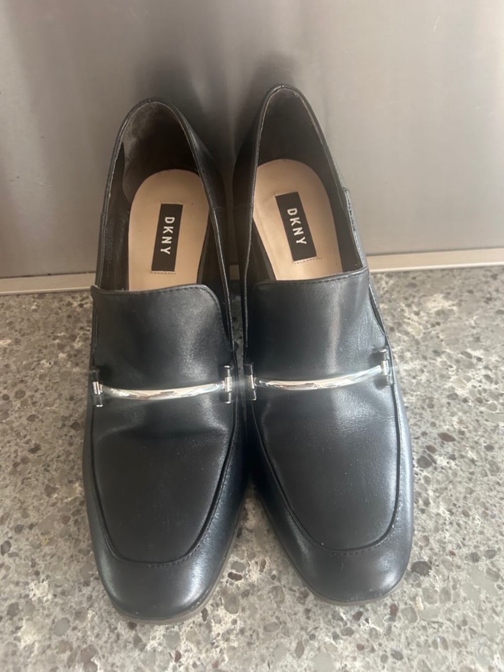 DKNY Black Leather Slip-On Loafers with Silver Accent